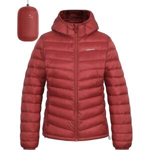 Women's  Wine Red Puffer Jacket Winter Repellent Quilted Coat With Hood